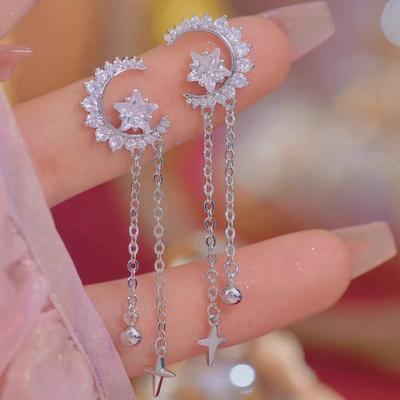 Long Star And Moon Tassel Earrings ,Cool Style ,Light Luxury ,Niche Earrings ,Unique Design ,High -End ,Versatile Earrings
