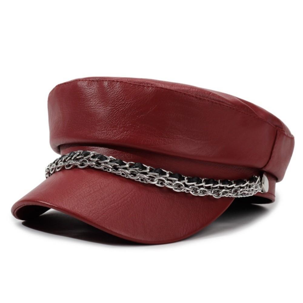 PU Leather Beret Hat Silver Chain Decor Octagonal Beret Cap Vintage Peaked Hat  Autumn Winter
