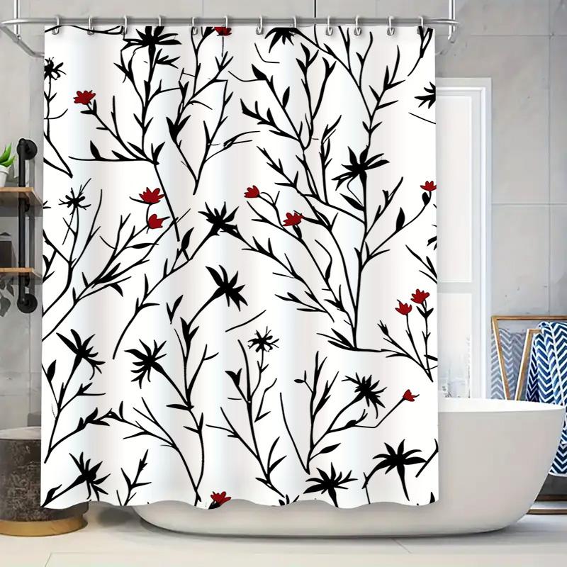 

Modern Shower Curtain Black Red Floral Design Polyester Bathroom Decorative Waterproof Shower Panels For Home Decoration Size6 W60H190(CM)-1 Pcs