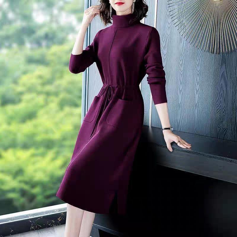 

High-neck Knitted Dress for Women In Autumn and Winter Mid-length Sweater Dress Long-sleeved Casual Pullover 2XL