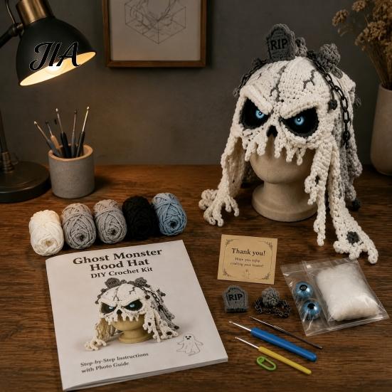 Art Class Supplies Halloween Animal Hood Crochet Kit, Skull Spider Bat Hat DIY Fashionable Earflap Spooky Pumpkin Craft Kit for Adults Teens,