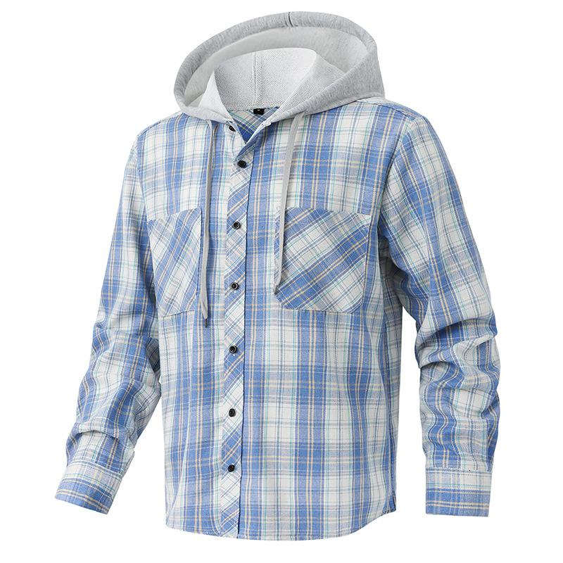 Men's Button Up Shirts With Hooded Long Sleeve Casual Vintage Soft Plaid with Pocket Slim-Fit Cowboy Work Shirts Breathable Hoodie Shirts for Men