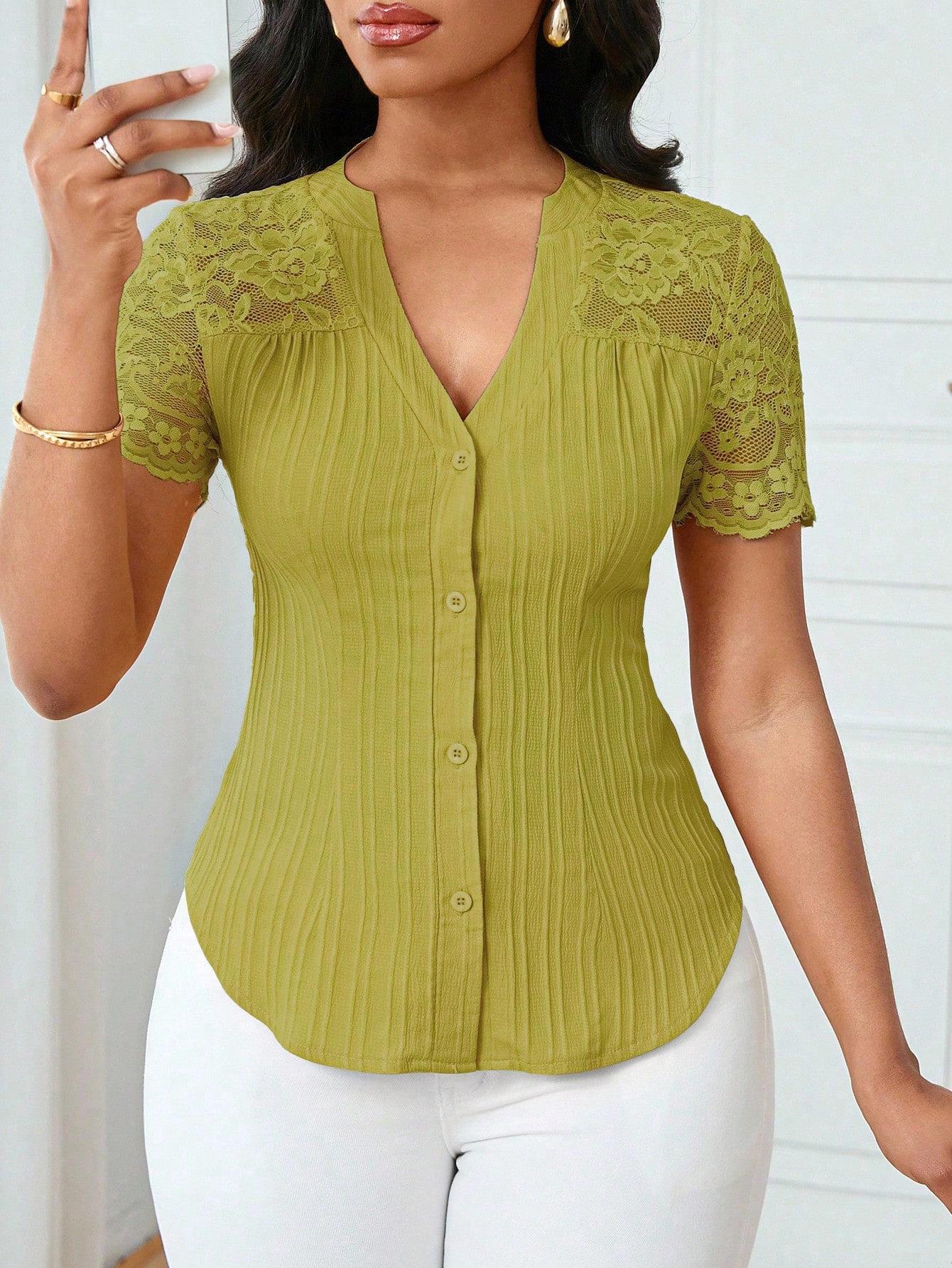 

2026 Slim-fit Embroidered Solid Color Short Sleeve Top with Versatile Single-breasted Design Large зелений/жовтий