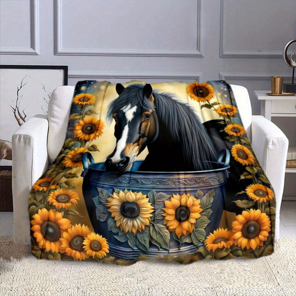 Luxury Black Horse Pattern Flannel Blanket, Suitable for Sofas, Beds, Offices, Travel, Camping, Christmas Gifts, and Presents