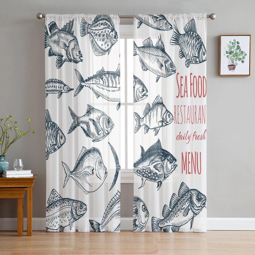 Carp Animal Fish Geometric Tulle Curtains For Living Room Sheer Curtain Bedroom Voile Decorative Window Treatments