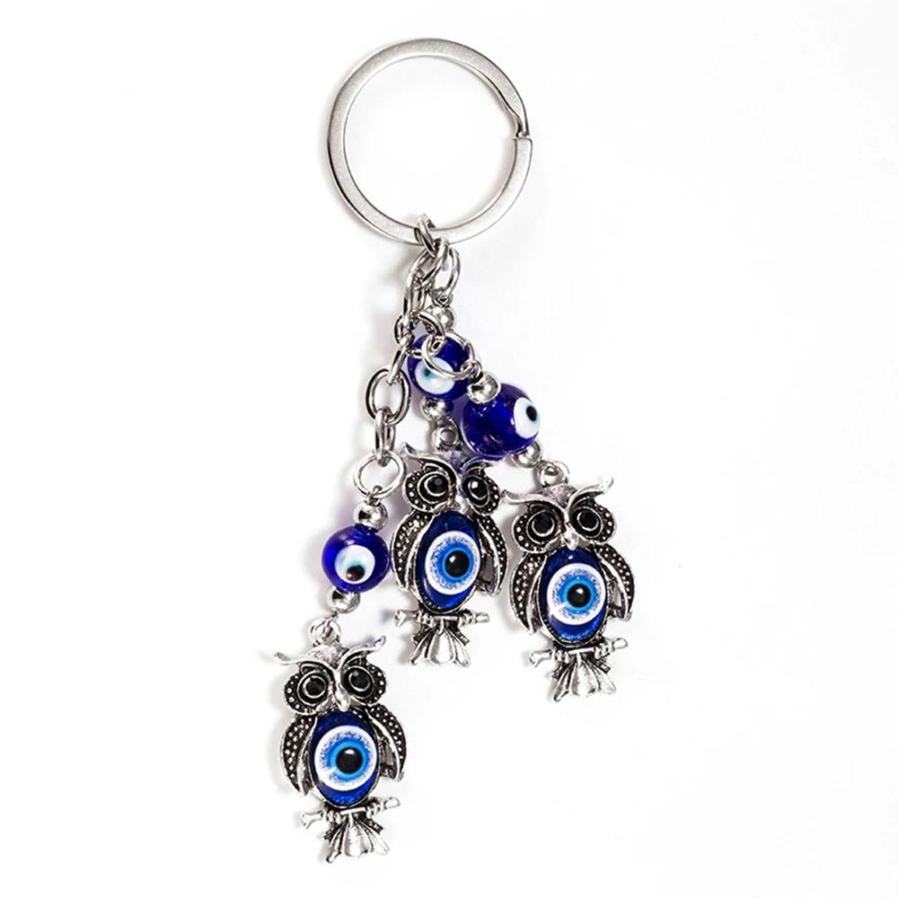 Lucky Eye Alloy Fatima Hand Elephant Owl Tree of Life Keychain Blue Turkish Evil Eye Key Chain Car Keyring for Women Men Jewelry