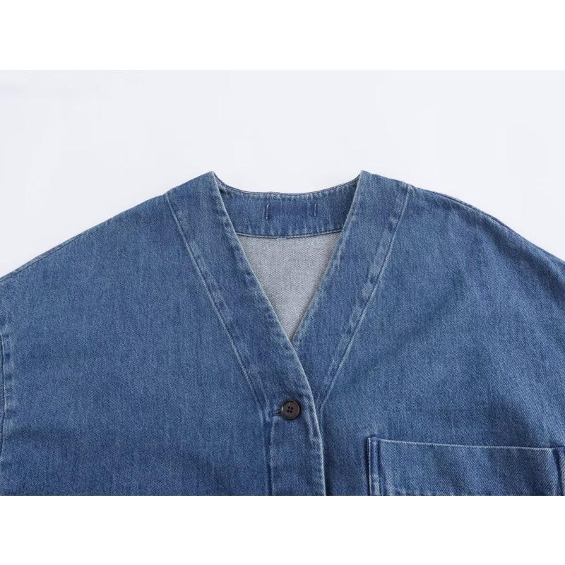 2026 Women's Street Fashion: V-Neck Drop Shoulder Denim Jacket