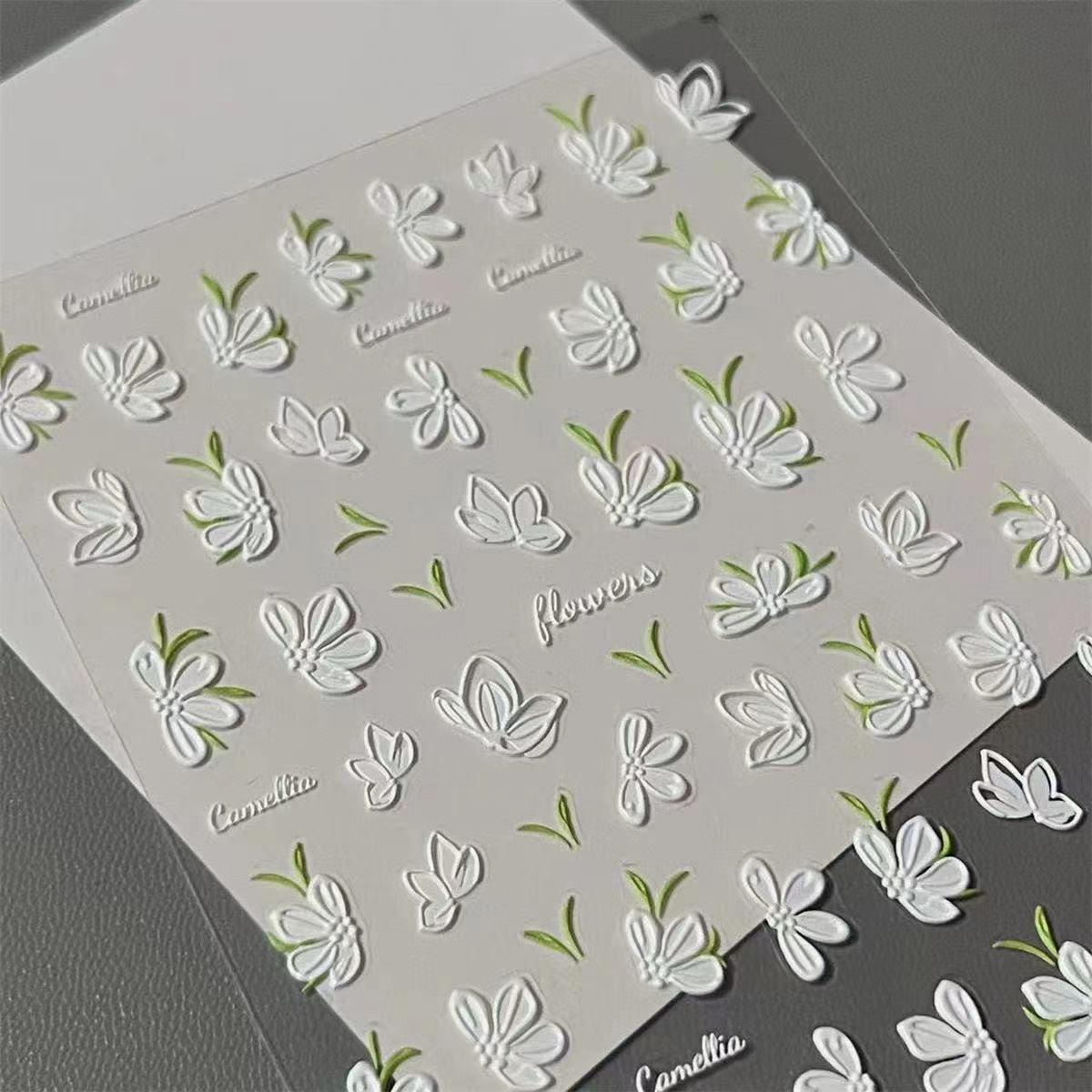 Korean Style 3D Camellia Embossed Waterproof Nail Art Stickers