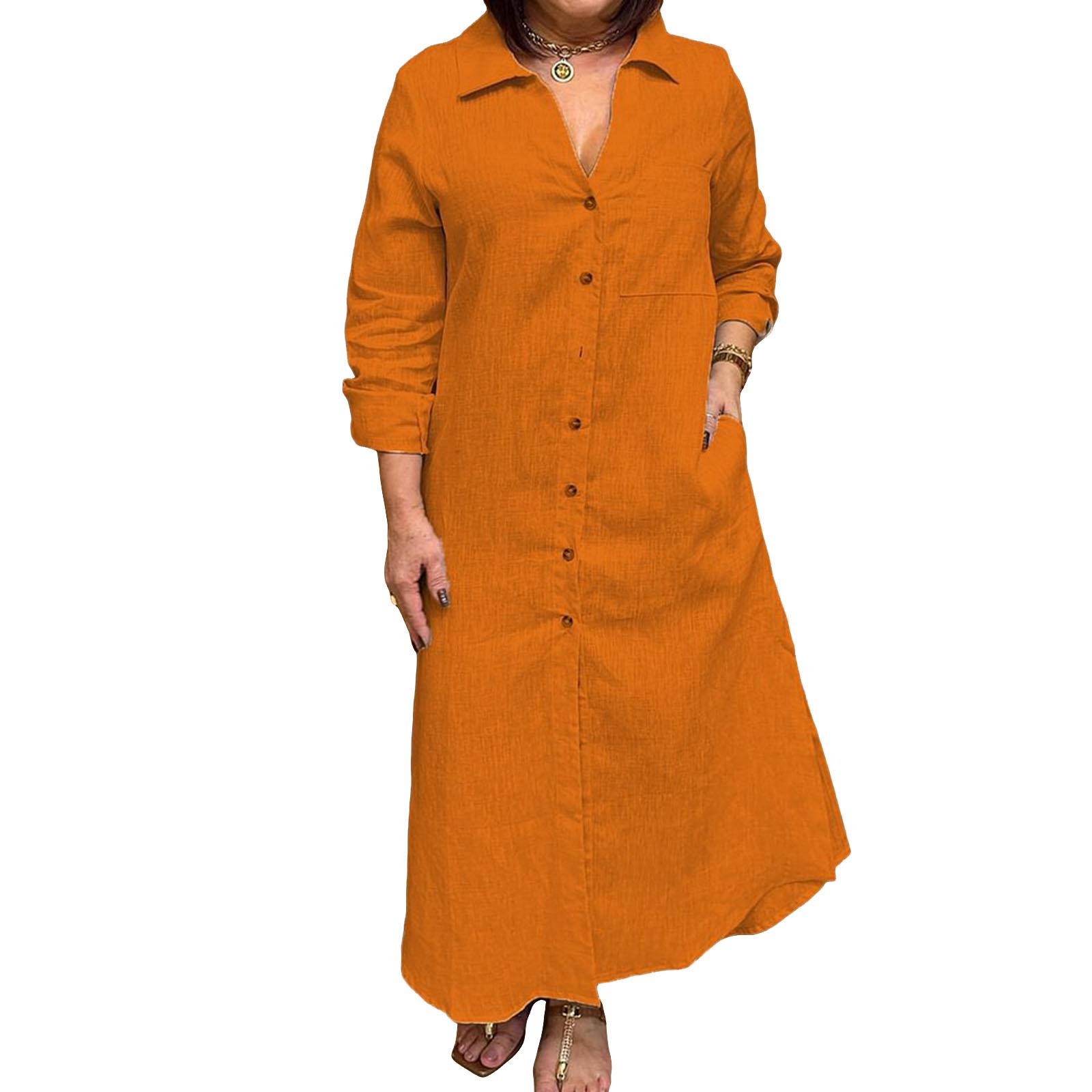 

Women s Fashionable Loose-Fit Casual Long-Sleeve Cotton-Linen Blend Shirt Dress L помаранчевий