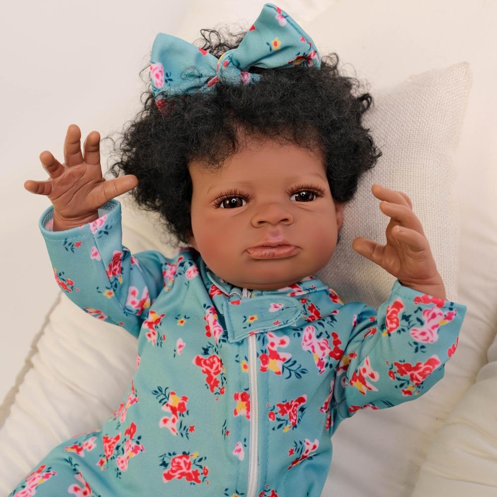 19 Zoll Reborn-Babypuppe Lanny mit weichem Stoffkörper, afrikanische Amerikanerin, dunkle Haut, Neugeborenenpuppen, lebensechte, handimplantierte Wiedergeburtspuppen mit lockigem Haar für Kinderspielzeug