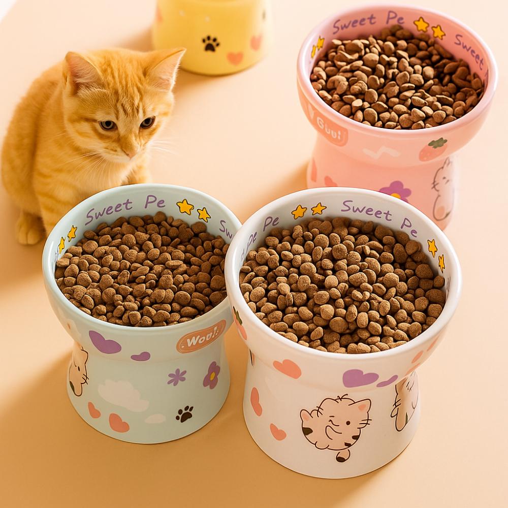 Ceramic Cat Bowl Anti Tipping Dog Food Feeding Basin Pet Drinking Feeder  Neck Protection