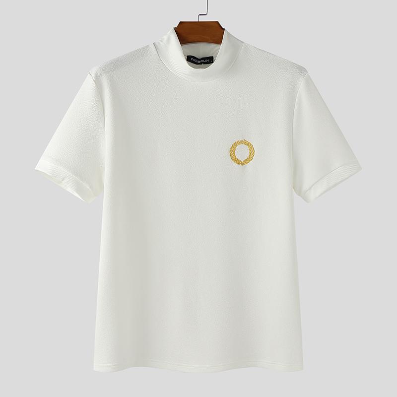 

INCERUN Summer Men Mockneck Short Sleeves Embroidery Casual Basic T-shirts 2XL белый