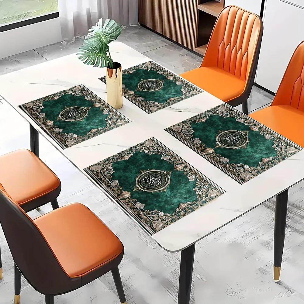 

6PC Traditional Ramadan Table Mat Design with a Rich Turquoise Green And Silver Decorative Border. Table Mats for Dining 6PC 30x45CM