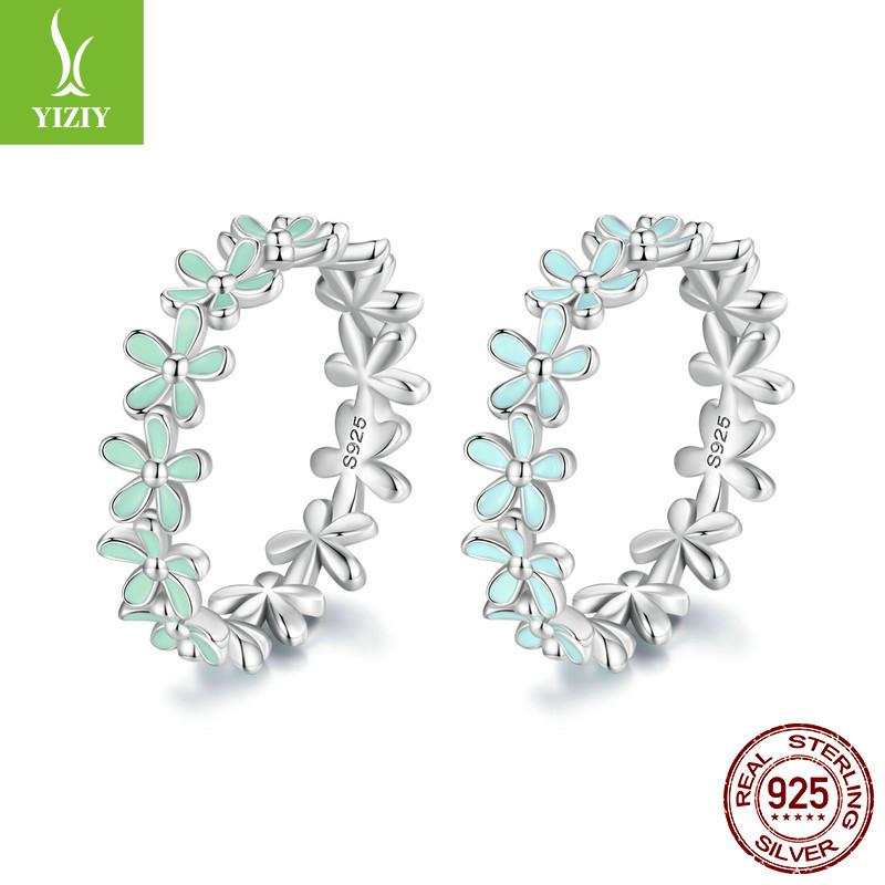 Spring Blue And Green Flower Ring, Light Luxury Small Fresh Flower 925 Sterling Silver Ring Jewelry.