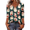 Women's Christmas Print V-Neck 3/4 Sleeve Loose Fit Casual Blouse Shirt Top