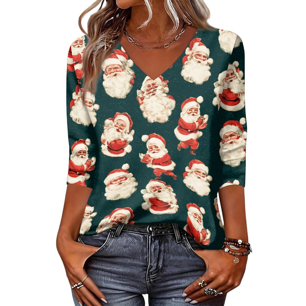 Women's Christmas Print V-Neck 3/4 Sleeve Loose Fit Casual Blouse Shirt Top