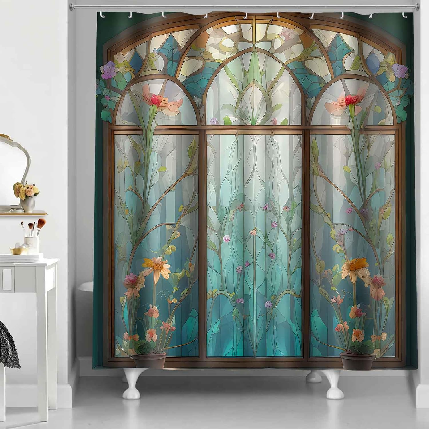 

Витражная цветочная шторка для душа Абстрактная богемная растительная цветочная шторка для ванной декоративная с 12 крючками W90xH180cm