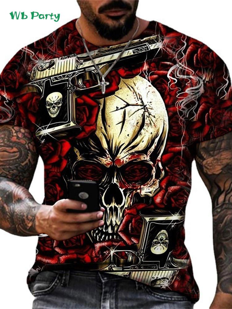 Retro skull 3D print men's T-shirt, summer street style men's top, fashionable round neck short-sleeved T-shirt, new loose fit men's clothing.