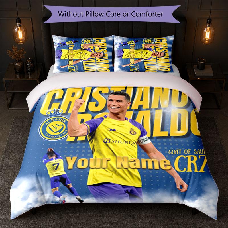 Cristiano Ronaldo Custom Name Text Bedding Set 1 Duvet Cover+2 Pillowcases Soccer Logo Personalized Gift For Special Occasion Bedroom Decor