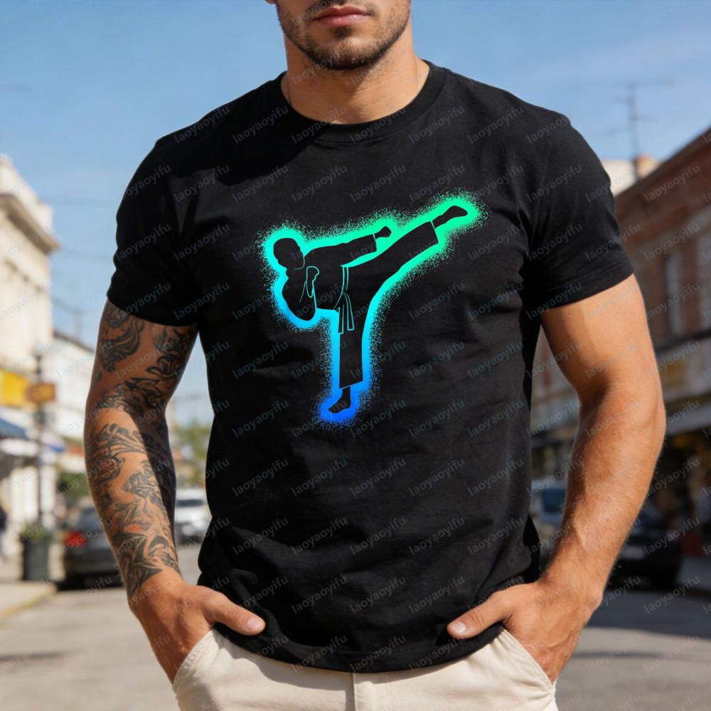 Men TShirt Karate Kick Design Summer Casual Short Sleeve Cotton Fashion Top for Men Streetwear Gift Idea Sporty Style
