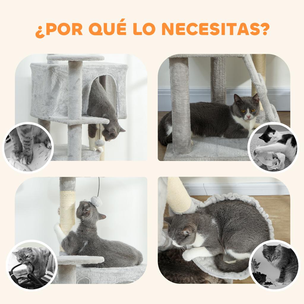 Cat Scratching Tree, 180 Cm, Platforms, Bed, 2 Caves, Hammock, Ladder, Sisal Posts, Light Gray