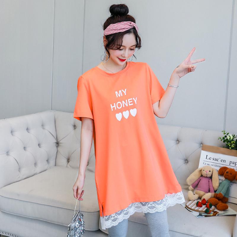 

Платье-футболка с кружевным подолом для беременных - весна/лето 2025, корейский свободный крой XL 60-70 kg оранжевый