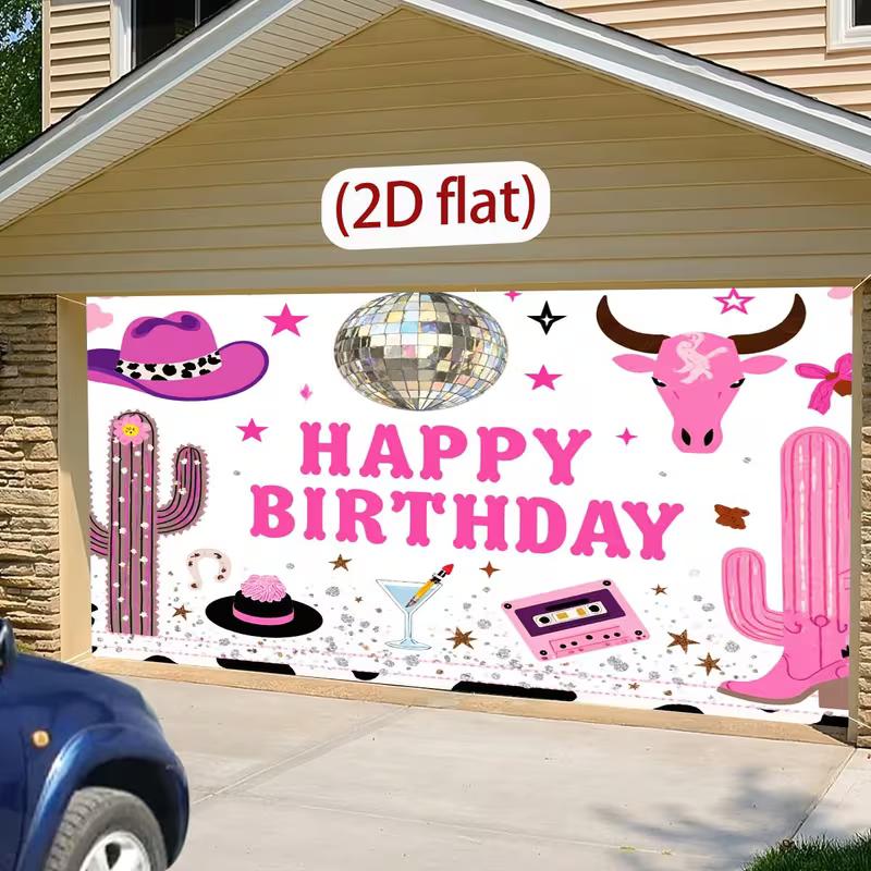 2D Pink Cowgirl Disco Birthday Backdrop, Western Cactus Photography Bann