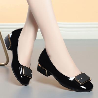 Spring New Women Fashion Square Heel Pumps For Party Lady Black Pu Soft Leather Office Shoes Comfortable Ballets Metal Buckle