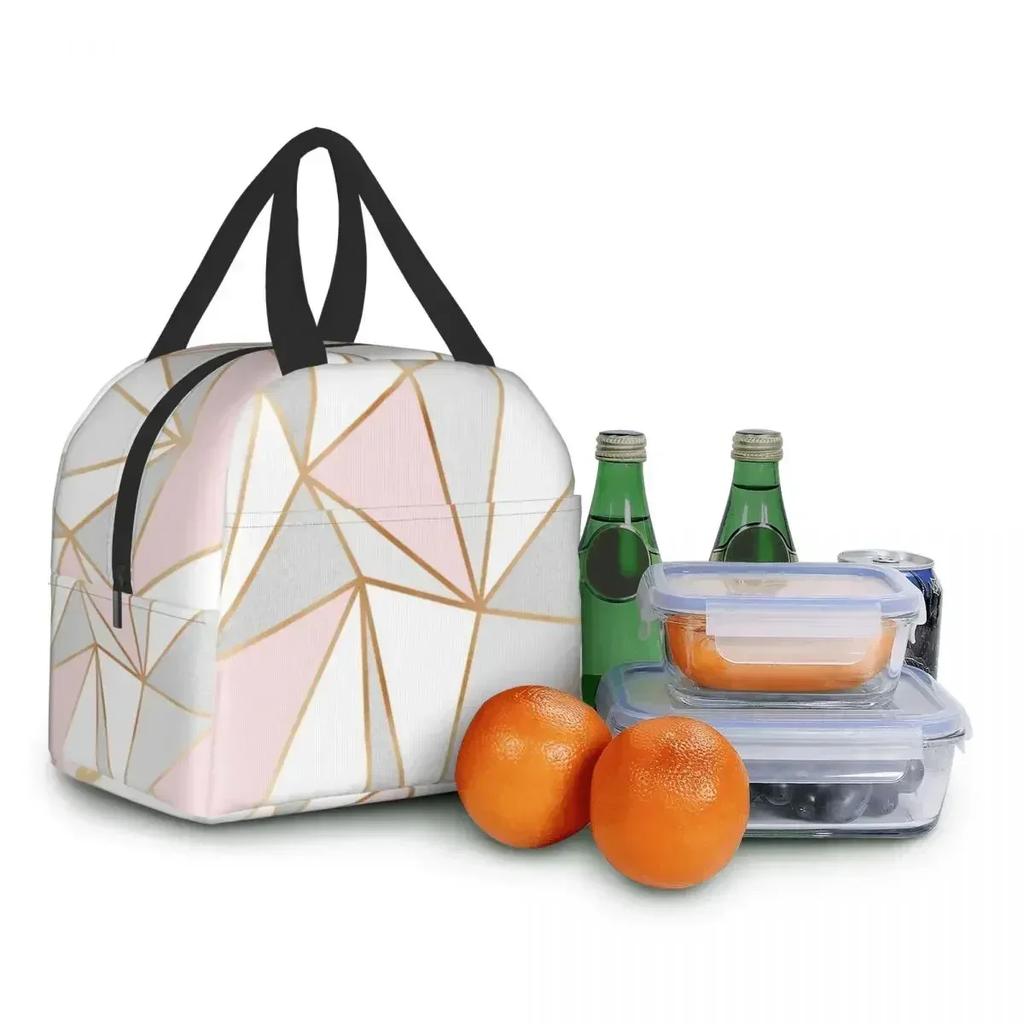 Pink Grey Gold Geometric Abstract Pattern Insulated Lunch Bag for Women Geometry Portable Thermal Cooler Food Lunch Box for Work