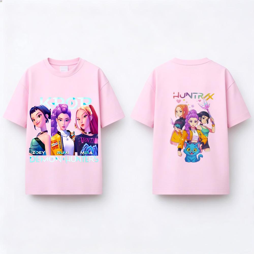 Kinder Kurzarm T-Shirts Stoff Huntrix KPOP Dämonenjäger Cartoon Kostüm Kleinkind Doppelseitiger Druck T-Shirt Baby Mädchen Jungen Stoff