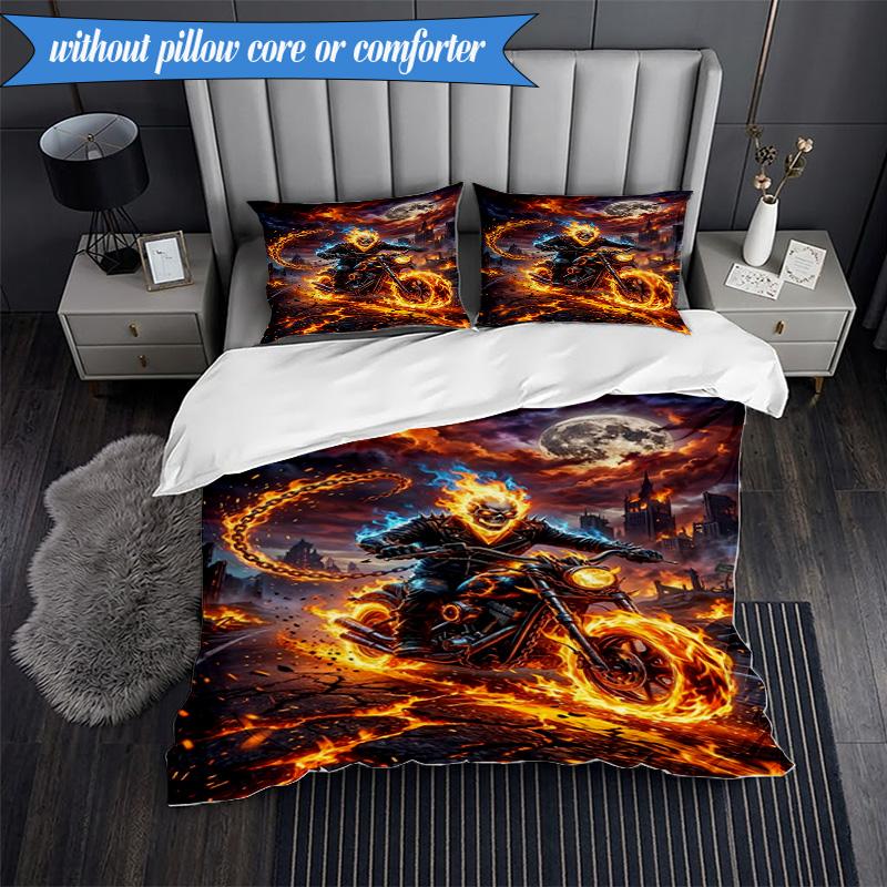 3PCS Ghost-Rider On Fire Bedding Set,Including 1pc Duvet Cover And 2pcs Pillowcases Perfect for Bedroom, Dormitory, Fan Christmas gift