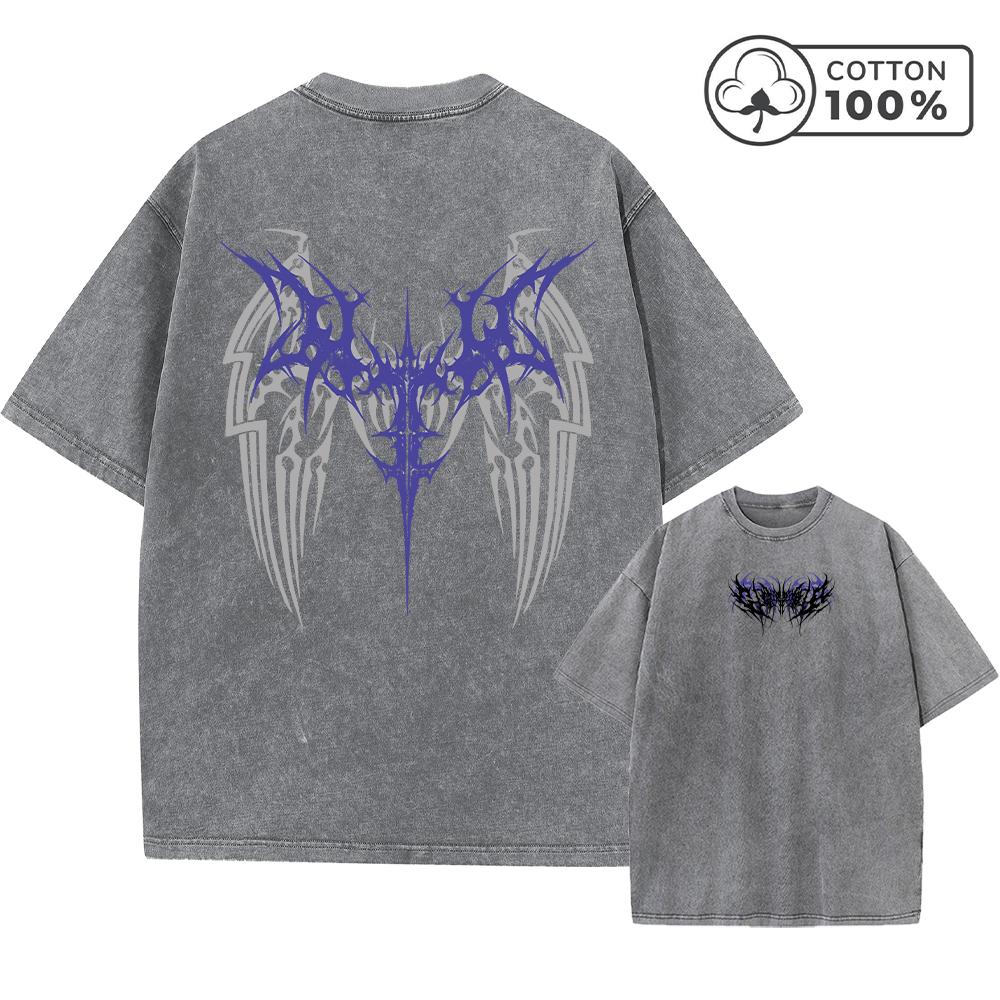 

Mens Casual Washed TShirt Loose Fit Pure Cotton Short Sleeve With Unique Thorn Wing Print Summer Vacation And Commute Top S