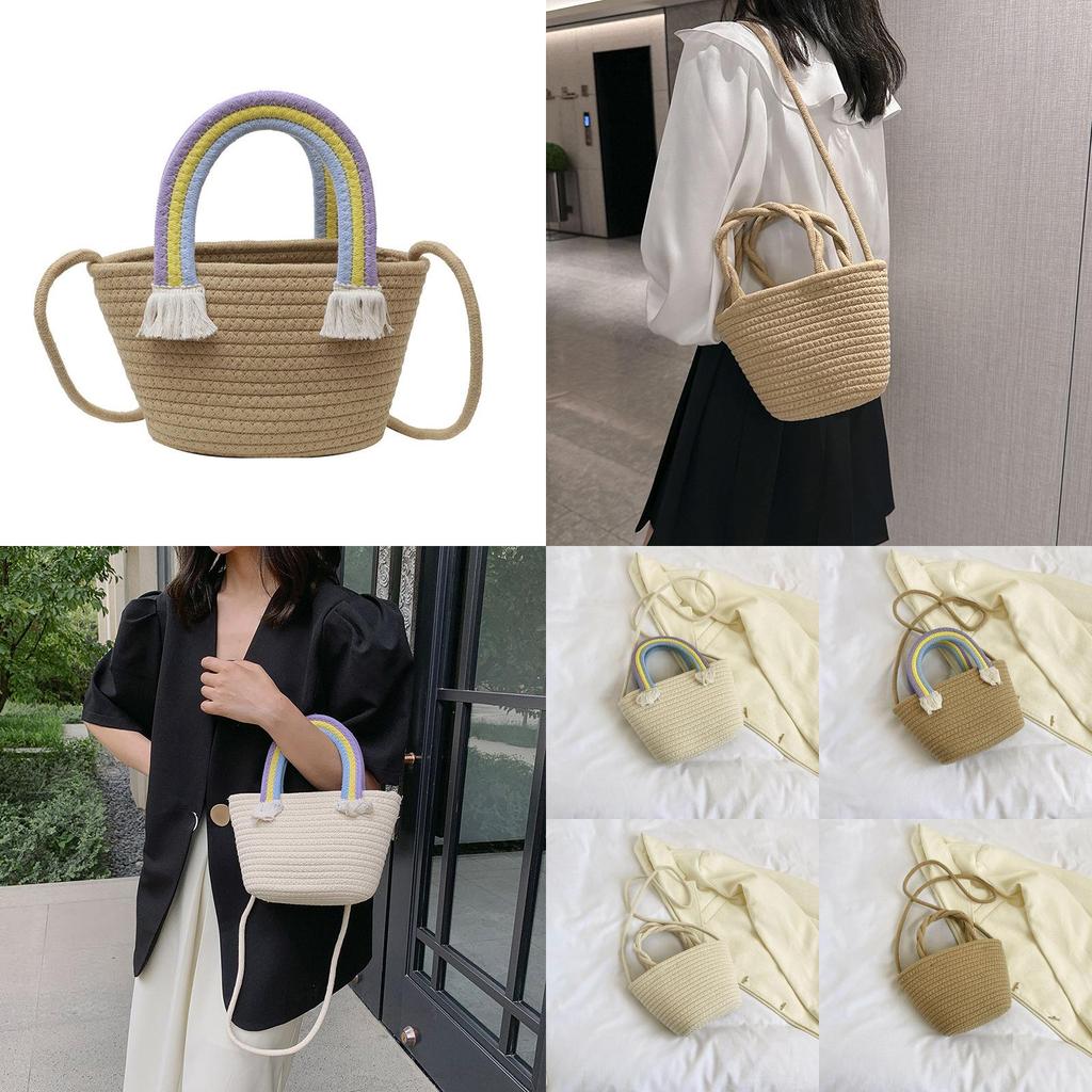 Adorable Rainbow Cloud Tote Bag Handcrafted Cotton Linen Weave Ideal For Beach Getaway