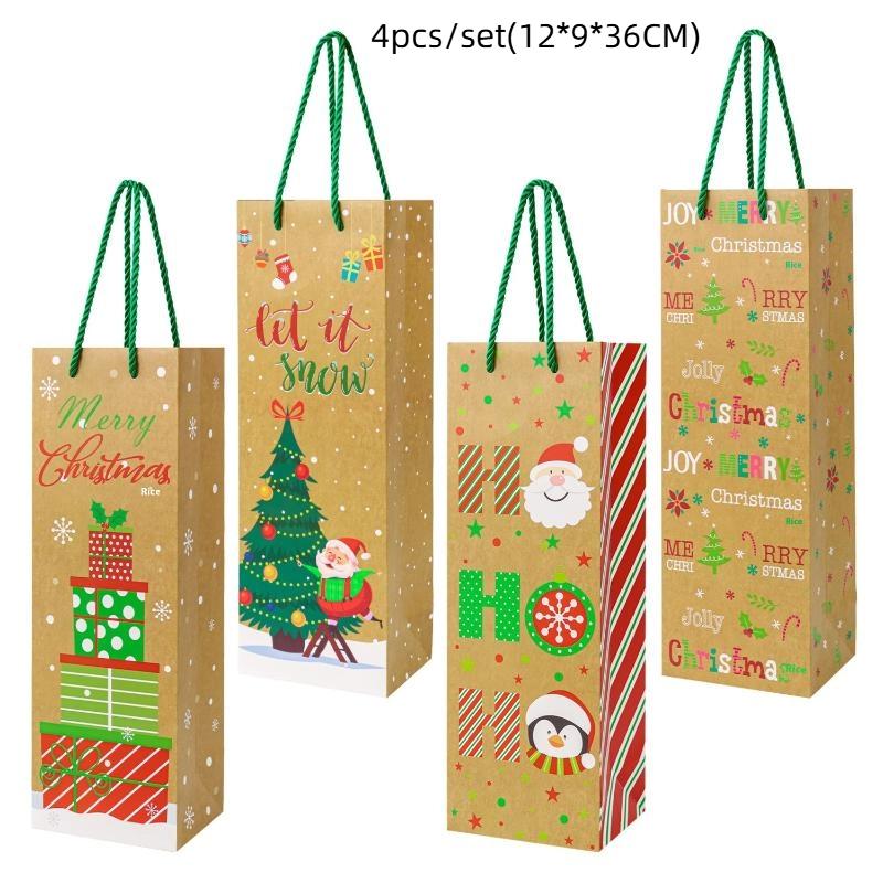 

4Pcs Christmas Wine Bags Kraft Paper Printing Handbag Candy Snack Packaging Box Gift Bag A3