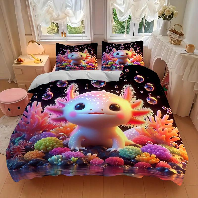3pcs Axolotl Bubble Printed Bedding Set, Soft and Comfortable Quilt Cover for Bedroom, Guest Room (1 Duvet Cover + 2 Pillowcases, Pillow Cor