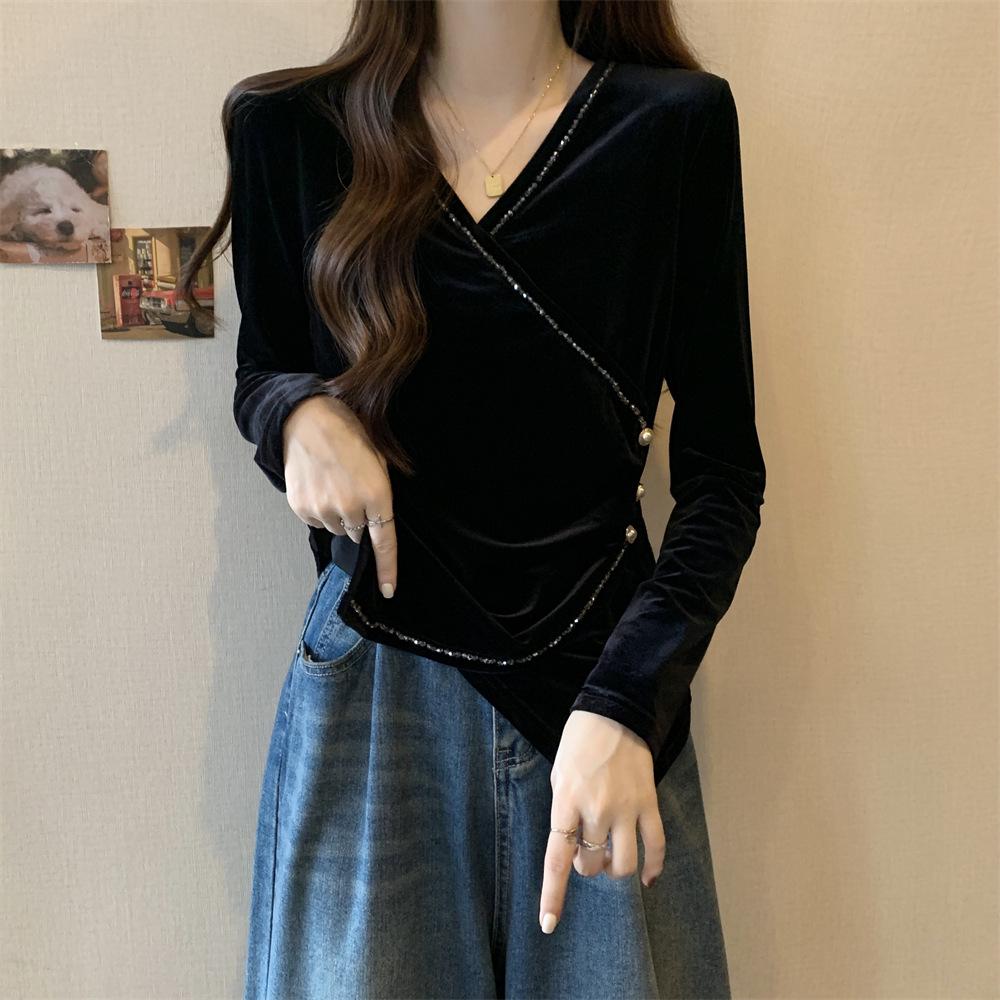 

Women s Plus Size Velvet Collar Long Sleeve Waist-Slimming T-Shirt - Autumn Collection 2XL (suggested for 63-70 kg) чорний