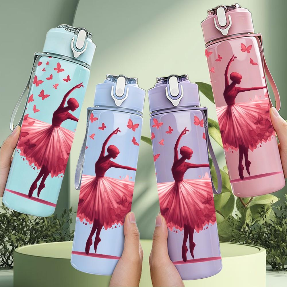 1PC Ballerina Dancer Heart Flower Print 750ml Color Plastic Sports Water Bottle Leakproof Flip Straw Lid Suitable for Sports Office Home Use