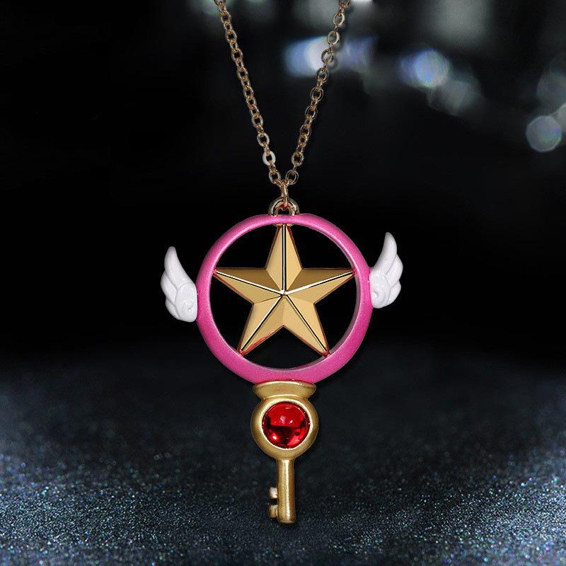 Sakura Pentagram Star Key Magic Staff Necklace Octagram Pendant Wings