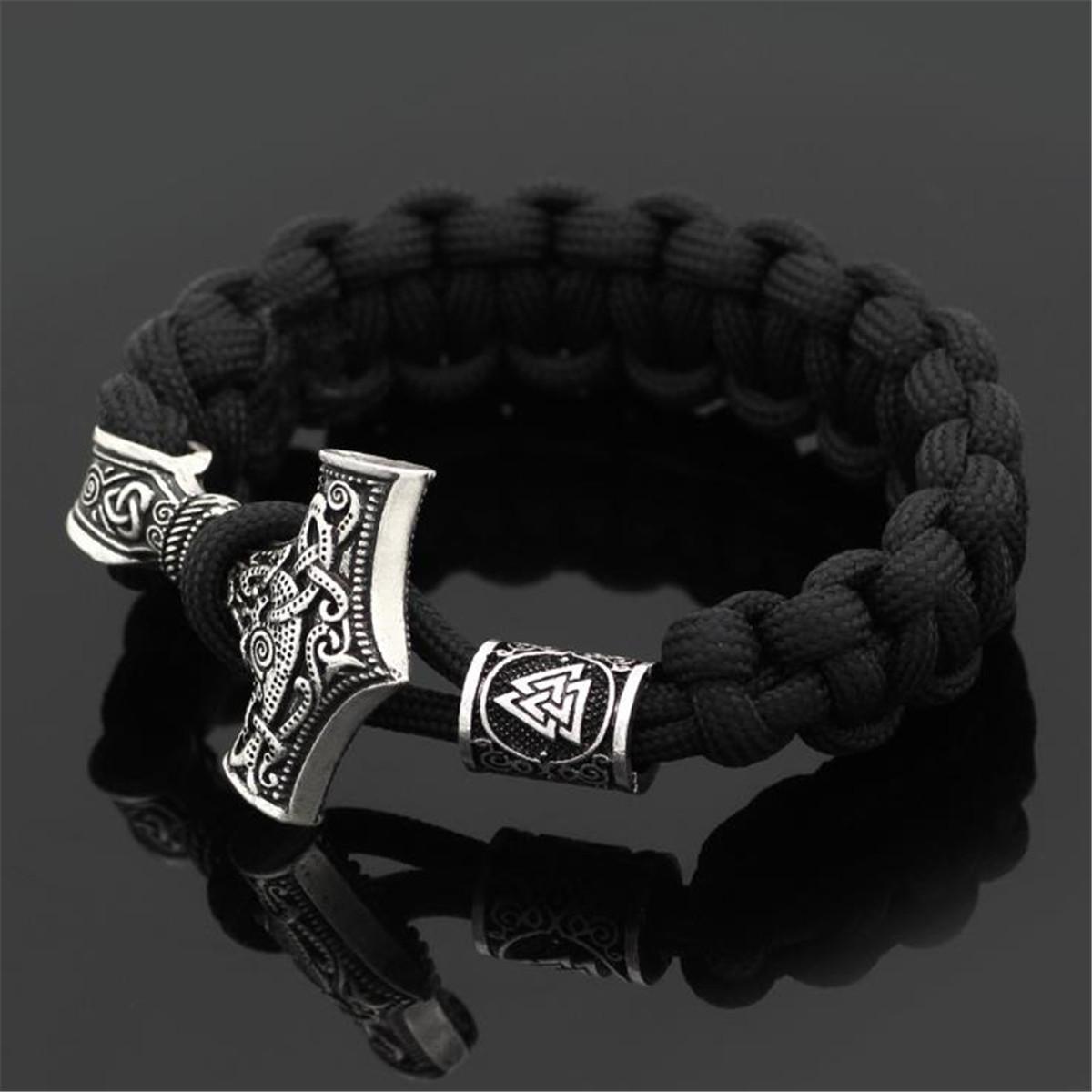 Men Black Parachute Rope Norse Viking Thor Hammer Rune Bracelet Jewelry Gift
