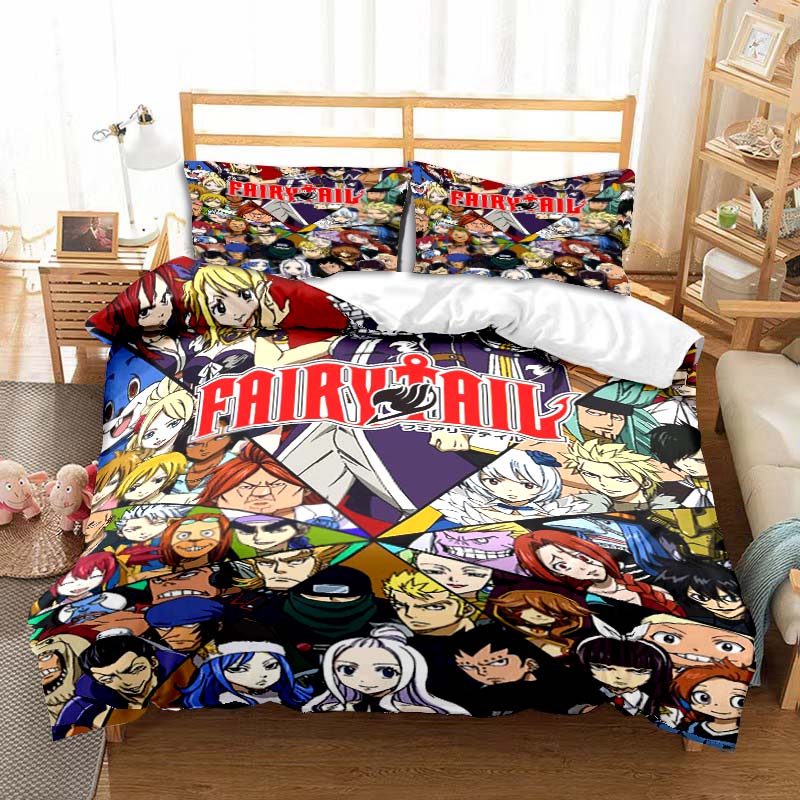 3D Anime Fairy Tail Bedding Set Bed Three-piece Set Duvet Cover Single Double Bed Queen Size Duvet Cover Set Adult Kid's Bedroom