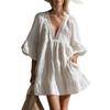 Bohemian Vacation Lace V-Neck Bubble Sleeve Design White Cotton and Linen Dress