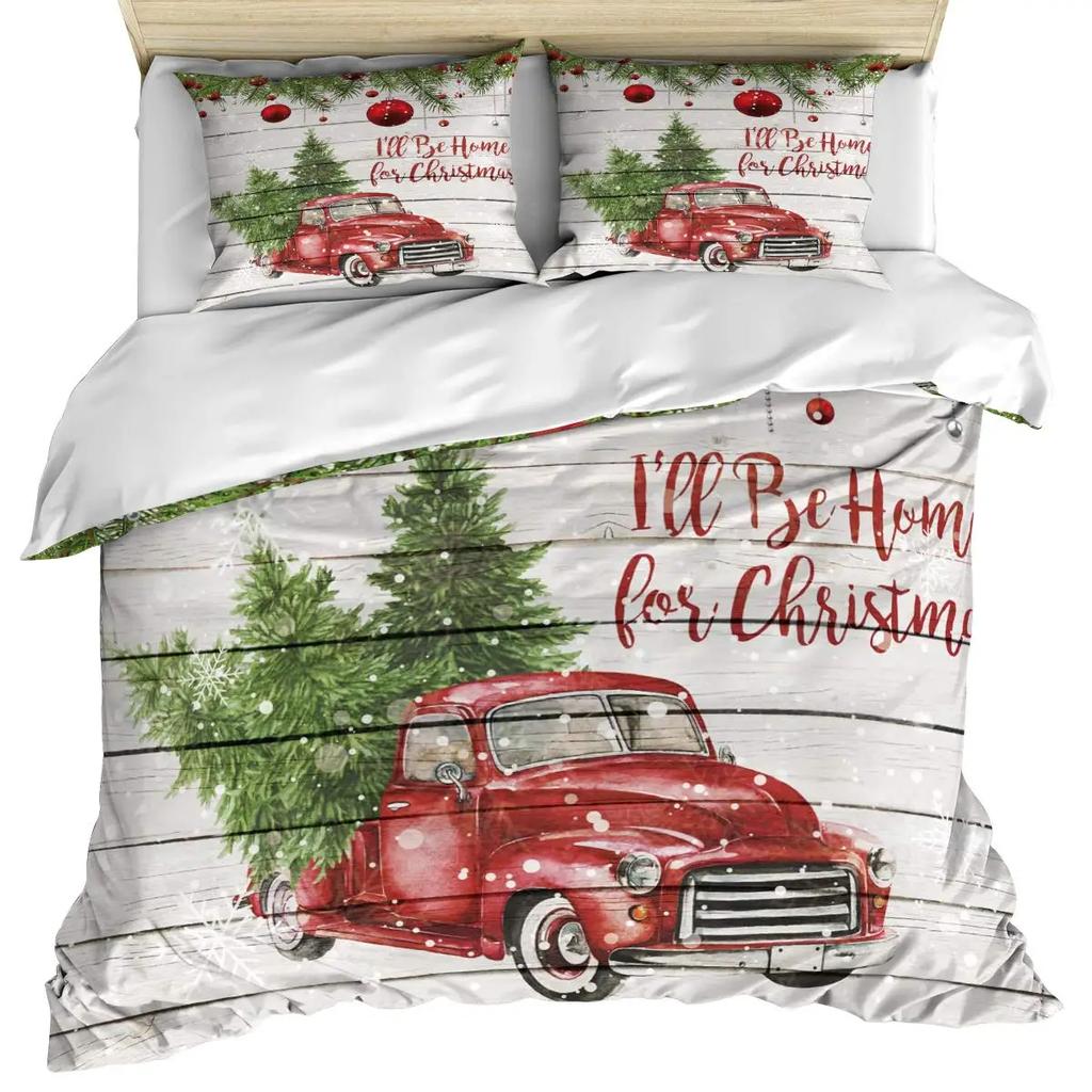 Christmas Duvet Cover Set, Snowman With Santa Hat In The Garden With A Gift Box And Candle Cartoon Image Polyester Bedding Set
