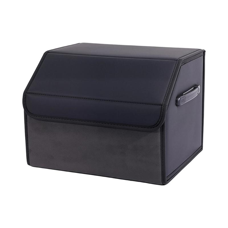 Vehicle Trunk Cargo Bin Leather-Look Foldable Storage Box with Divider, Lid, and Side Handles for Groceries and Tools