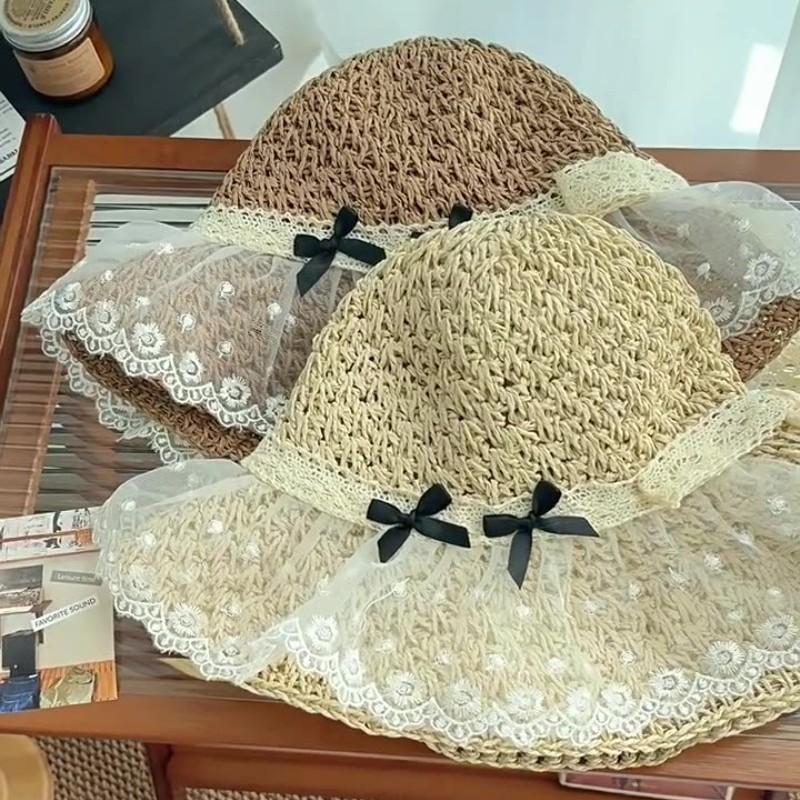 Fashion Lace Mesh Stitching Travel Ins Sweet Bucket Hat Vacation Straw Bow Straw Hat