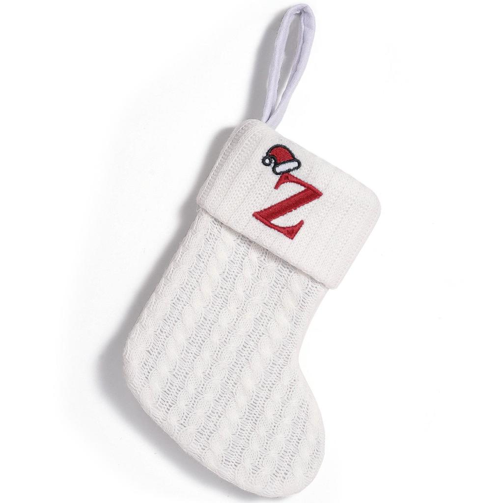 Cross-Border White Knitted Christmas Stocking with Letter Embroidery – Decorative Gift Bag Ornament.