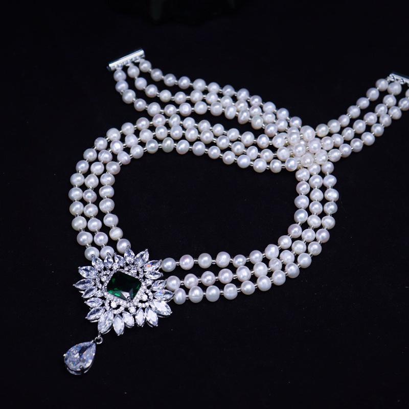 18K Gold-Plated Freshwater Pearl Necklace with Emerald Zircon, 6-7mm, Fashionable Clavicle Chain for Women