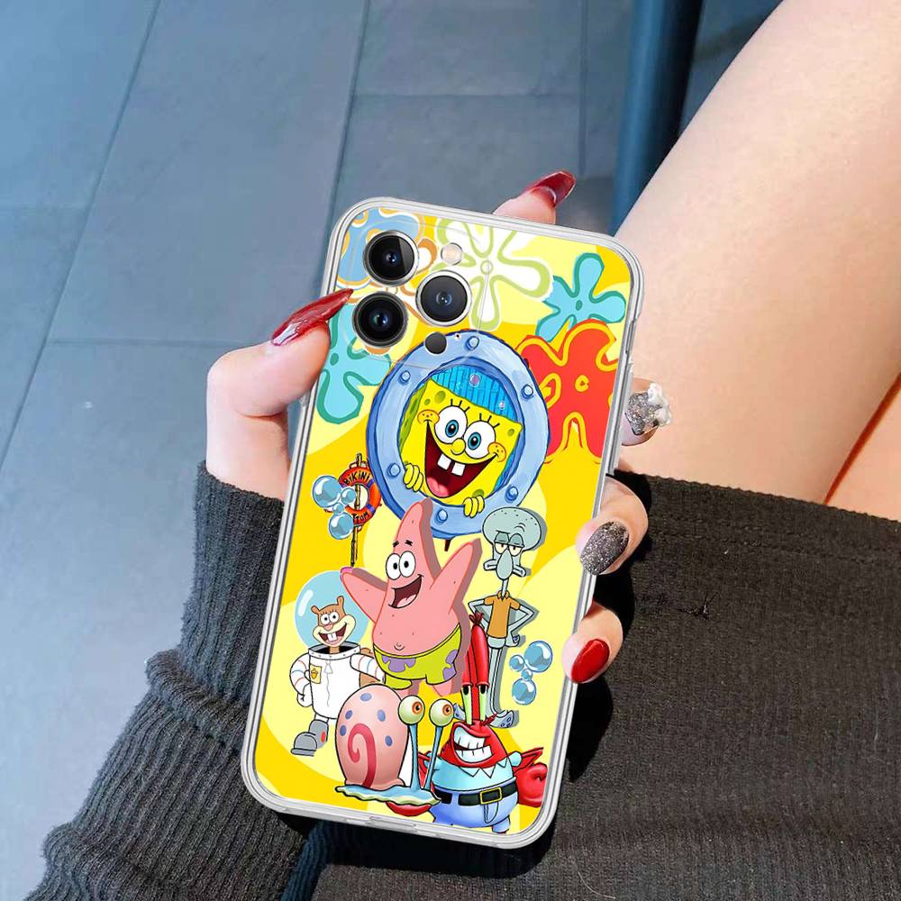 Cartoon Niedlich S-SpongeBob Anime Handyhülle Für IPhone 11 13 16 12 17 14 15 Pro Max Plus Weiche Klare Rückseite Hülle
