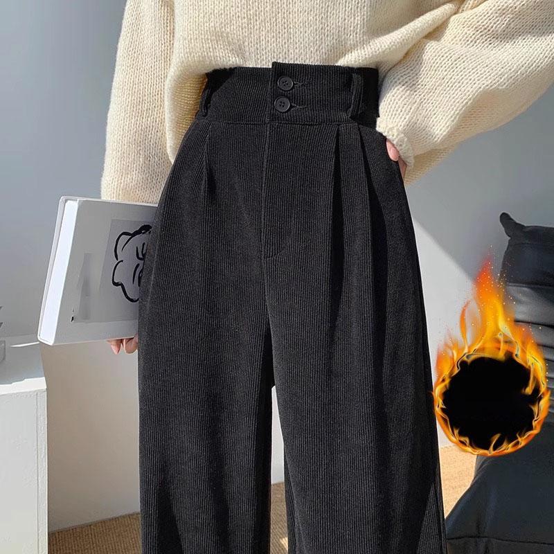 Women Korean High Street Wide Leg Trouser Autumn/winter Thick Warm Women's Pant Fashion Corduroy Loose Button Trouser