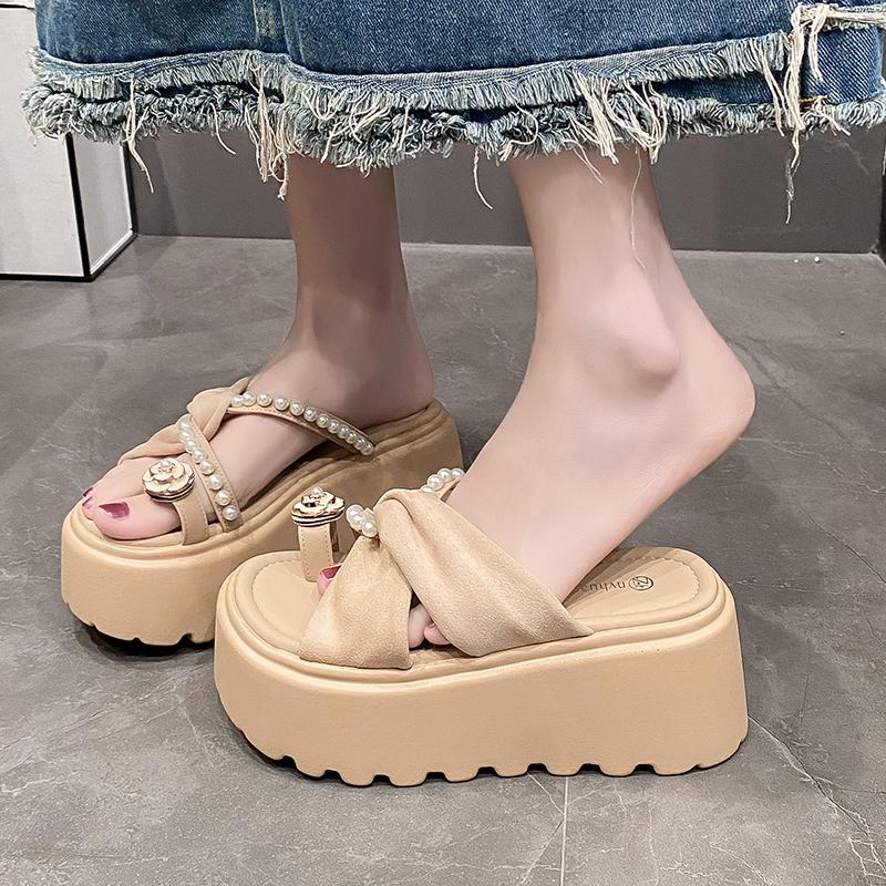 Fashion 8CM Platform Sandals Women 2025 Summer New Non-slip High Heels Flannel Slippers Ladies Open-toed Roman Soft Beach Shoes