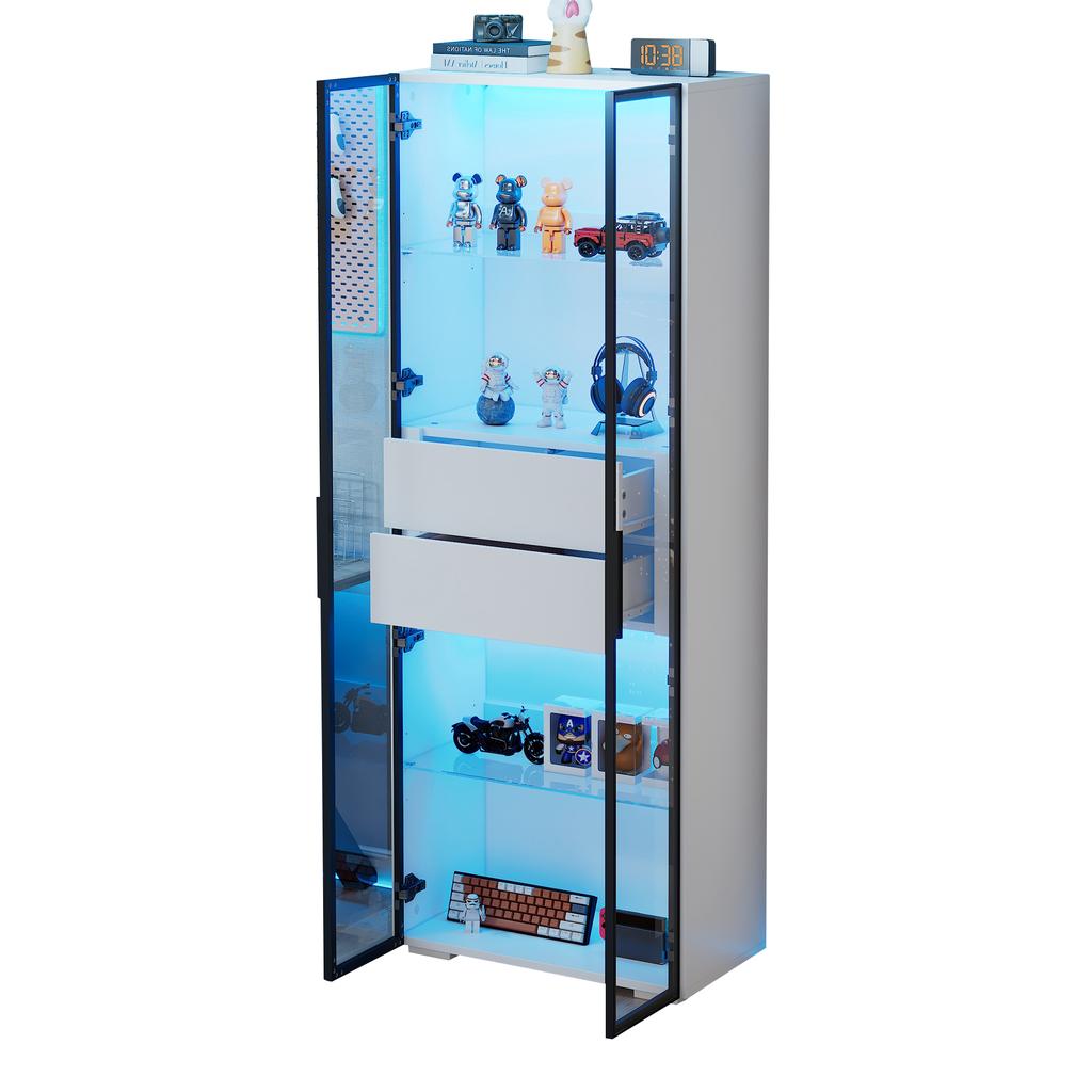 60*40*160cm Display Cabinet with Tempered Glass Door, LED, 2 Glass Shelves, 2 Drawers, Highboard, Living Room Cabinet, White